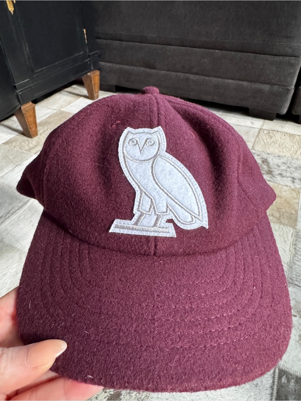 OVO Men's Burgundy Wool Cap with White Owl Patch